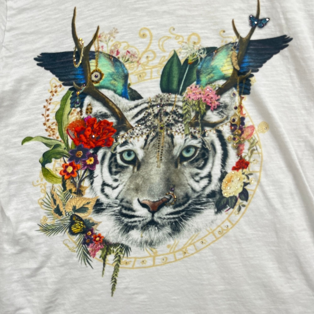 Camilla T-Shirt Womens White Tiger Graphic Rhinestone Embellished Slub Knit Tee - Picture 2 of 9